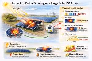 The impact of partial shading effect of large solar cell arrays on solar photovoltaic panels