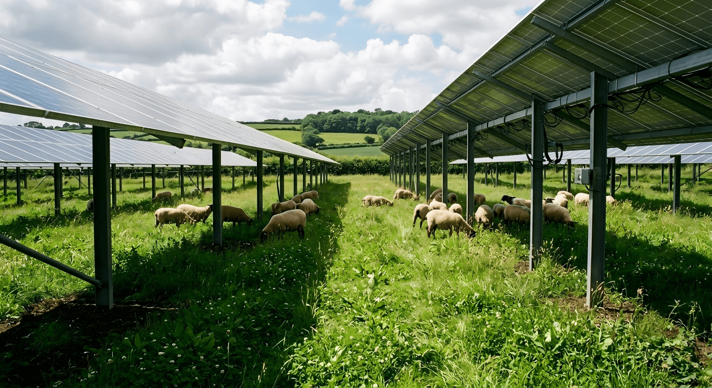 green grass growing under solar panels in an agrivoltaic farm